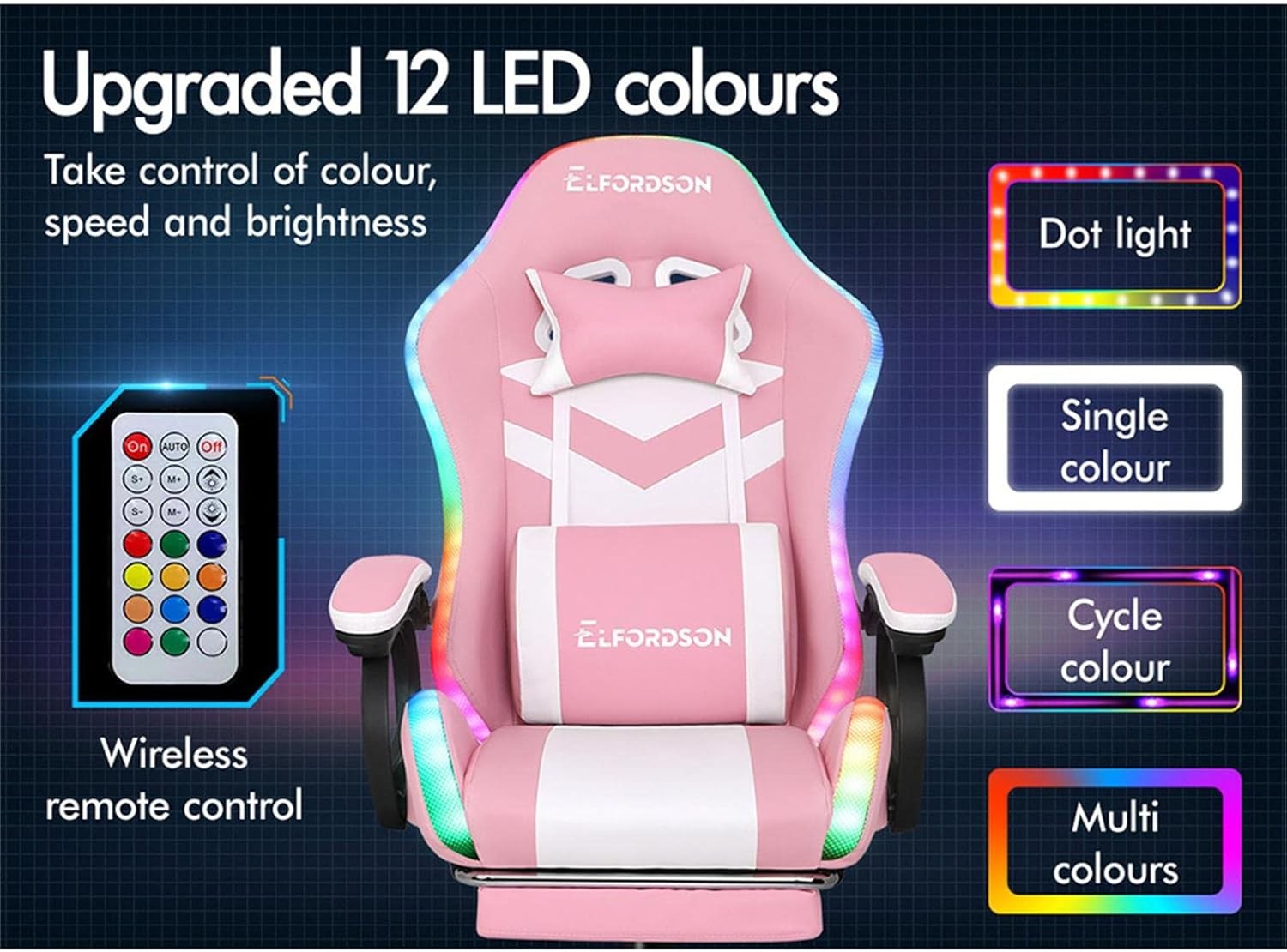 RGB LED Massage Gaming Chair Recliner w Footrest 150° Pink