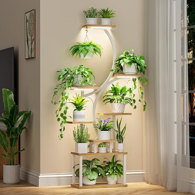 8 Tier S-Shaped Metal Plant Stand with Grow Lights Indoor Outdoor White