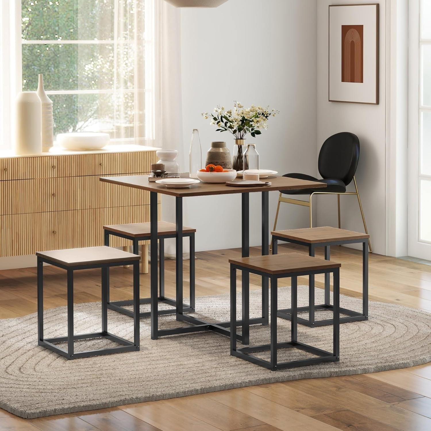 5-Piece Dining Table & 4 Stools Set Space-Saving Industrial Kitchen Table Brown