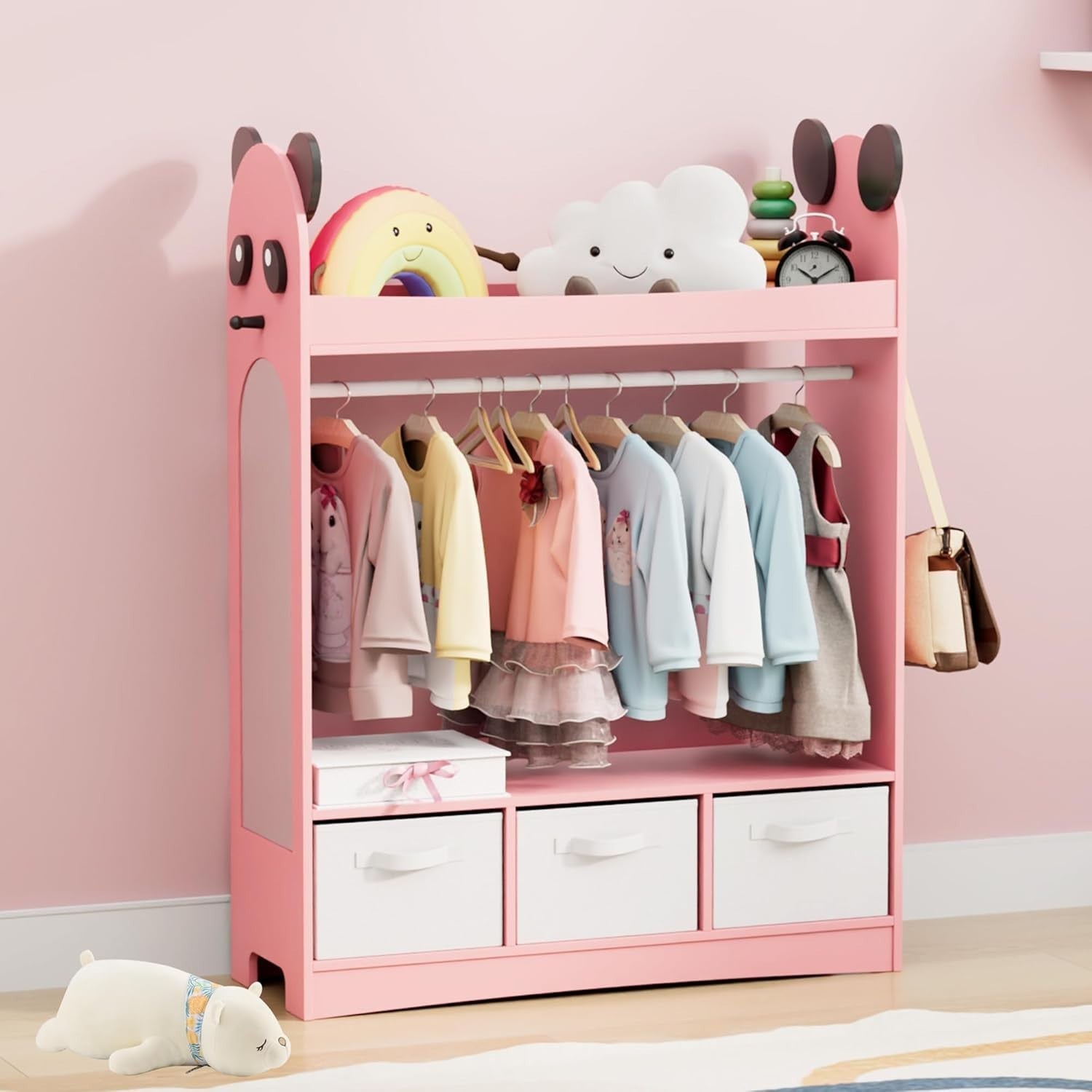 Kids Wardrobe with Mirror & 3 Drawers, Pink Panda Design, Storage & Hanging Rail