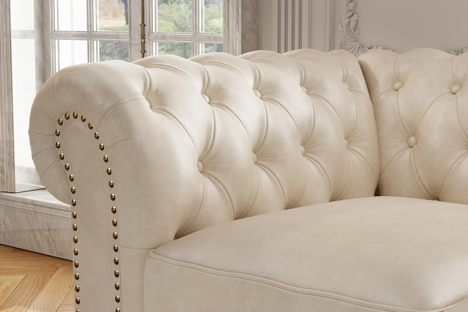 92" Beige Leather Chesterfield Sofa Full Aniline Tufted Luxury Couch