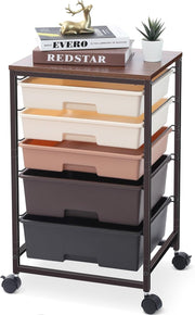 5 Drawer Rolling Storage Cart Utility Organizer Trolley Brown Wheels