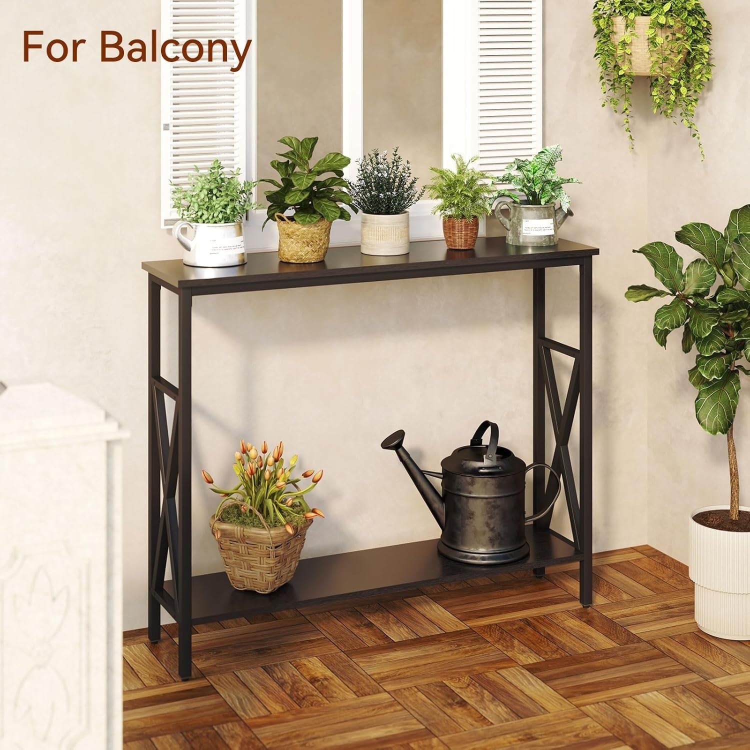 Industrial Console Table with Adjustable Feet, Metal Frame & Shelves for Small