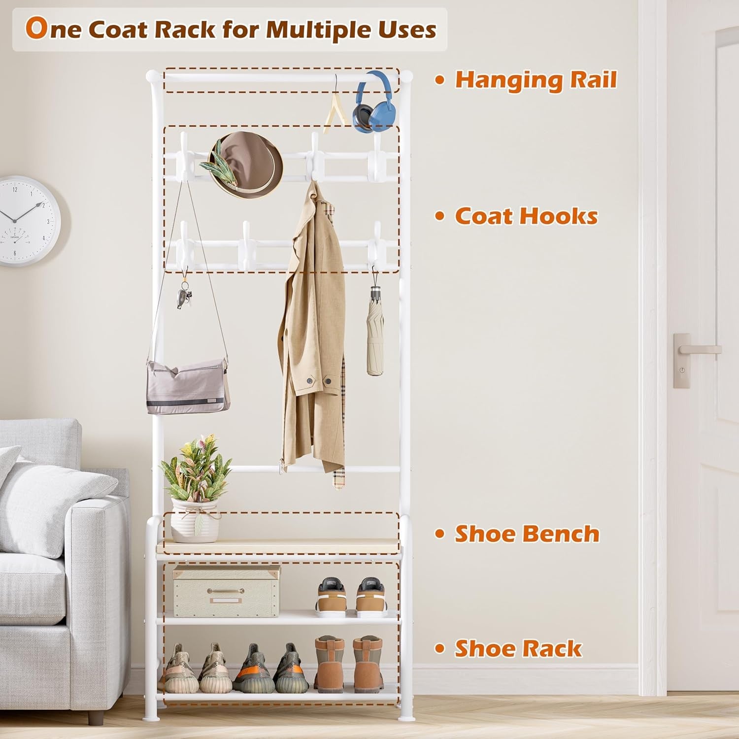 White Oak Coat Rack with Bench 4-in-1 Hall Tree Shoe Storage Stand 182cm