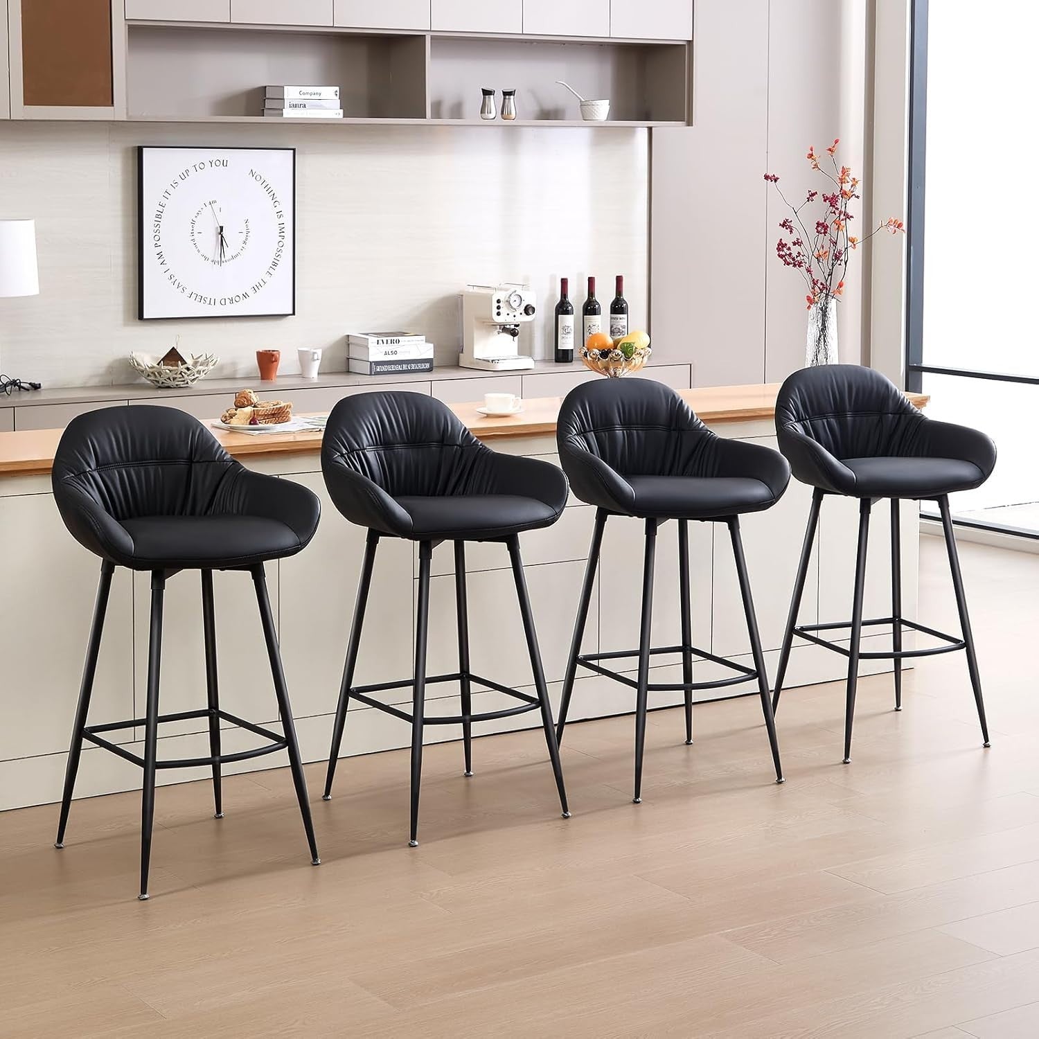 Black PU Leather Adjustable Bar Stools Set of 2 Mid-Century Kitchen