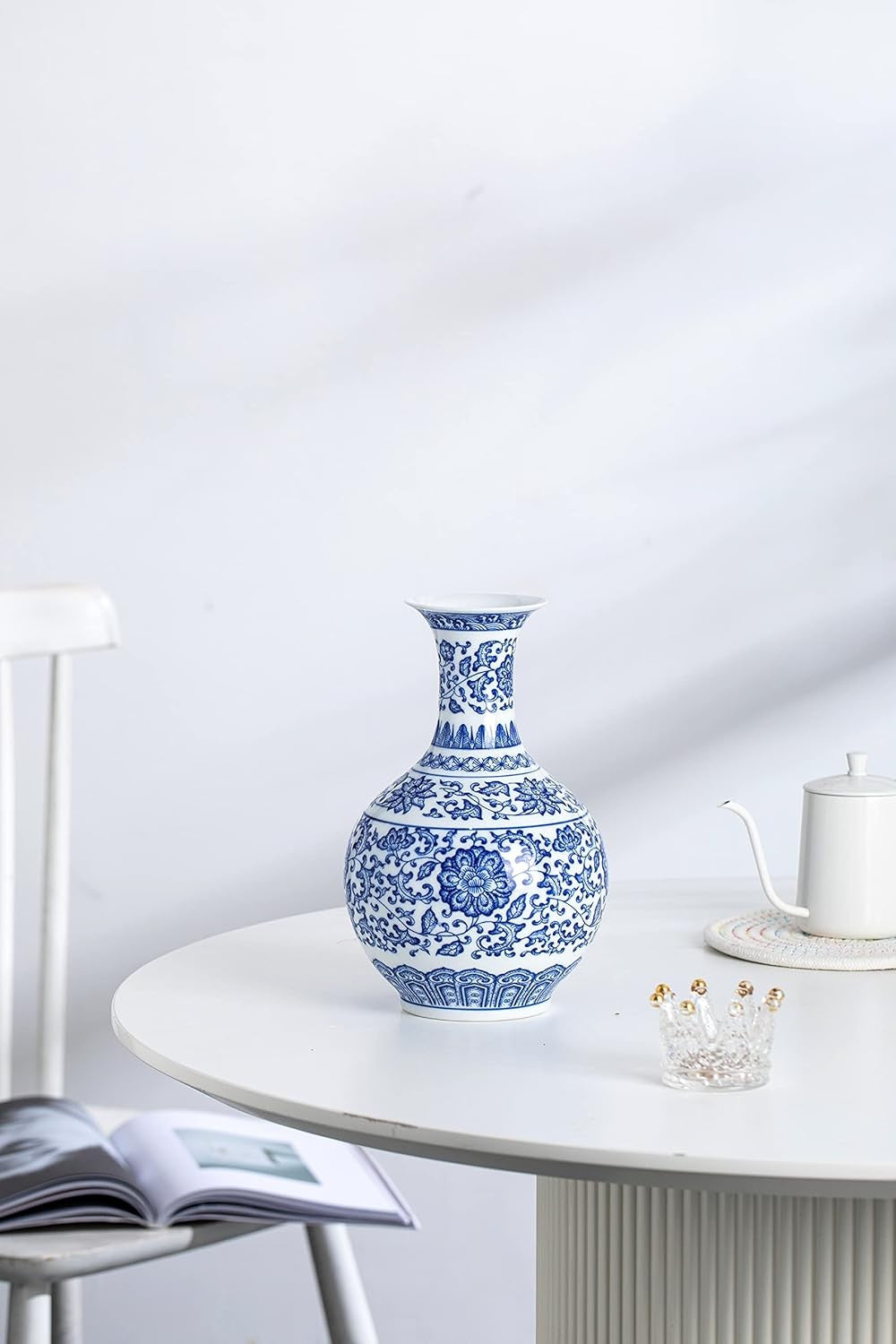Blue White Chinoiserie Ceramic Vase 9.5in Glossy Floral Table Decor