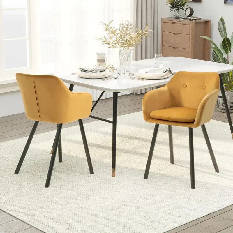 2x Yellow Velvet Dining Chairs Tub Seat with Arms Lounge Kitchen Chairs