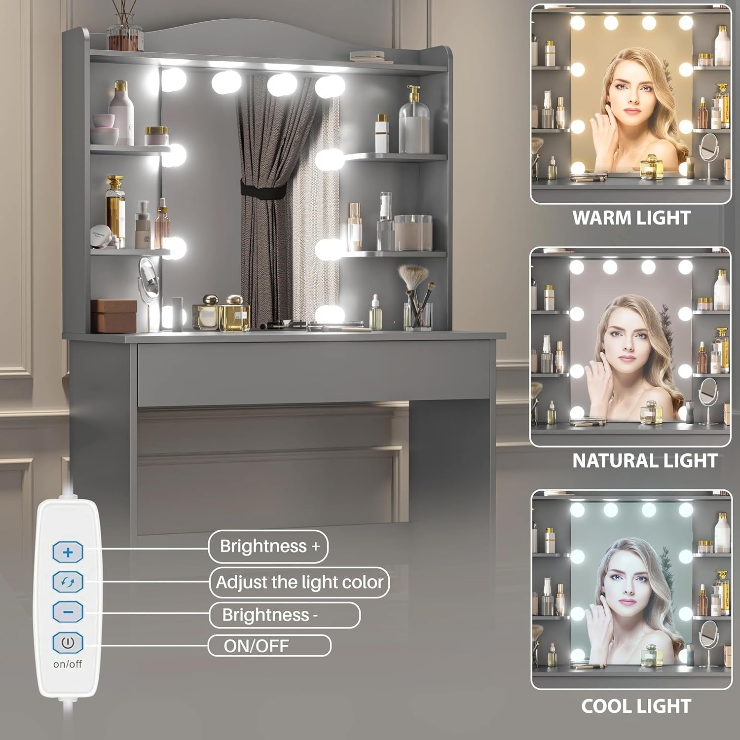 Modern Dressing Table Vanity Set 10 LED Lights Mirror Drawer Shelves Grey Makeup