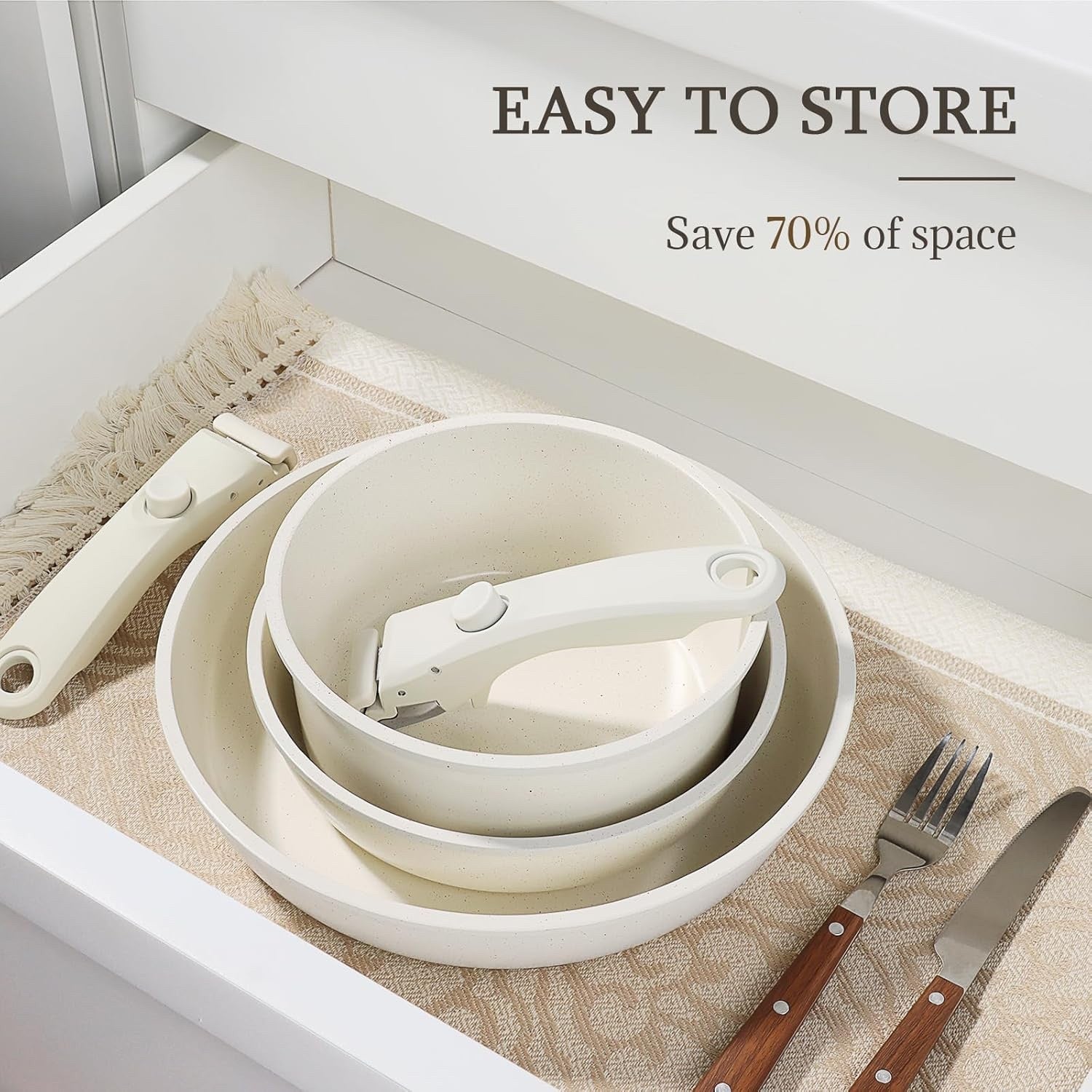 3pcs White Non Stick Cookware Set with Detachable Handle Frying Pan