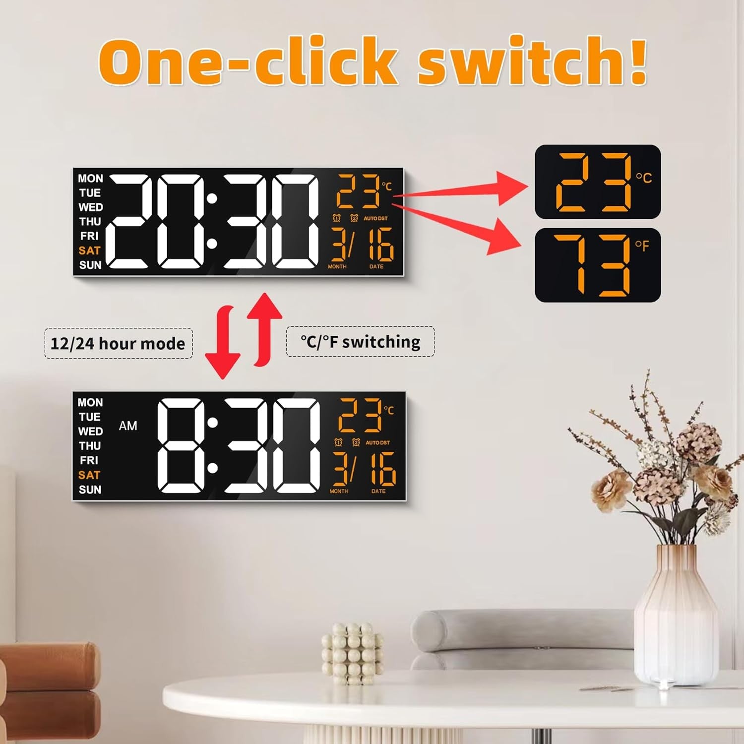 16 Inch Large Digital Wall Clock RGB LED Remote Alarm Temp Date