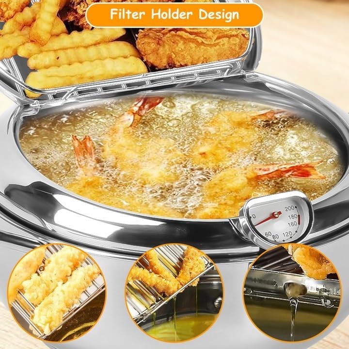 Stainless Steel Deep Fryer Pot 4.2L Temp Control Lid Oil Drain Rack
