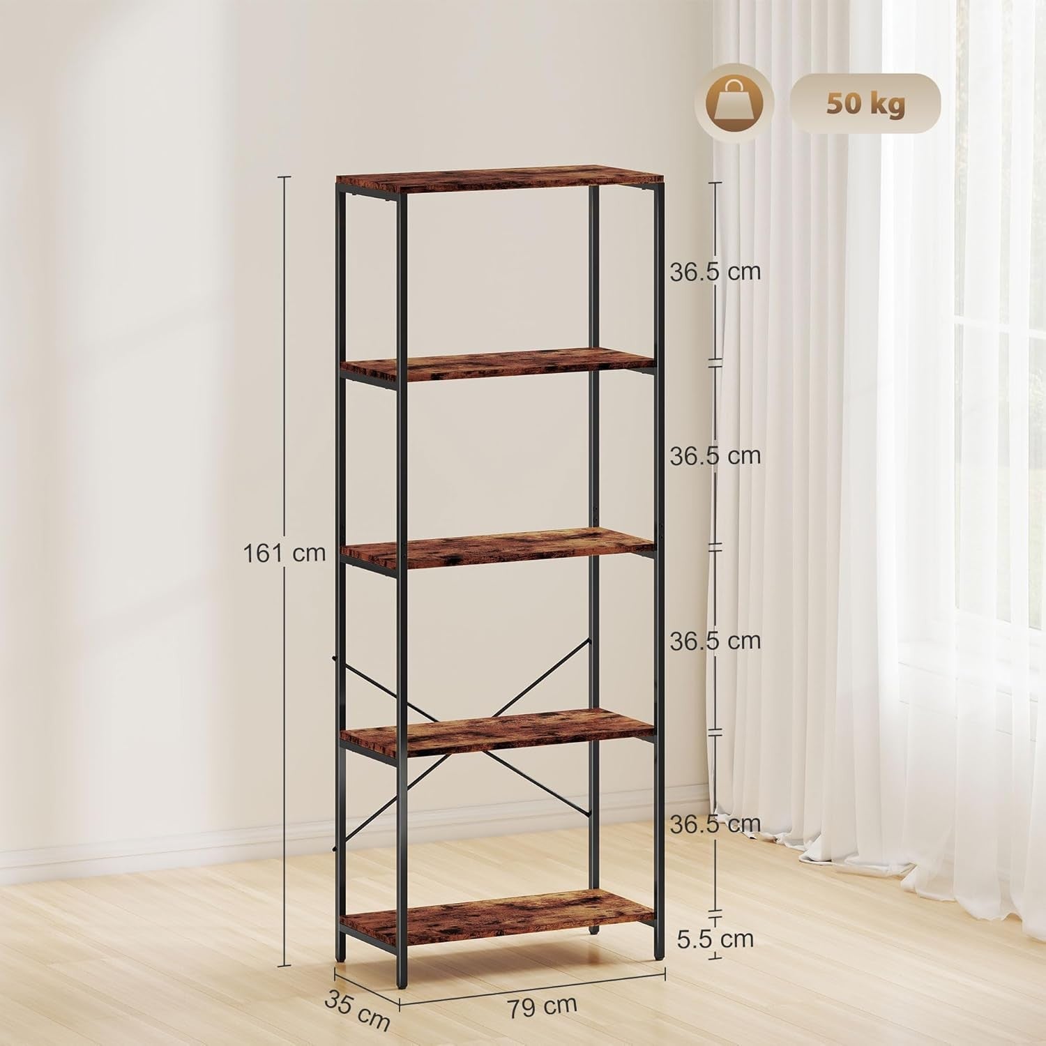 Rustic Brown & Black 5-Tier Industrial Bookcase Tall Metal Frame Display Shelf