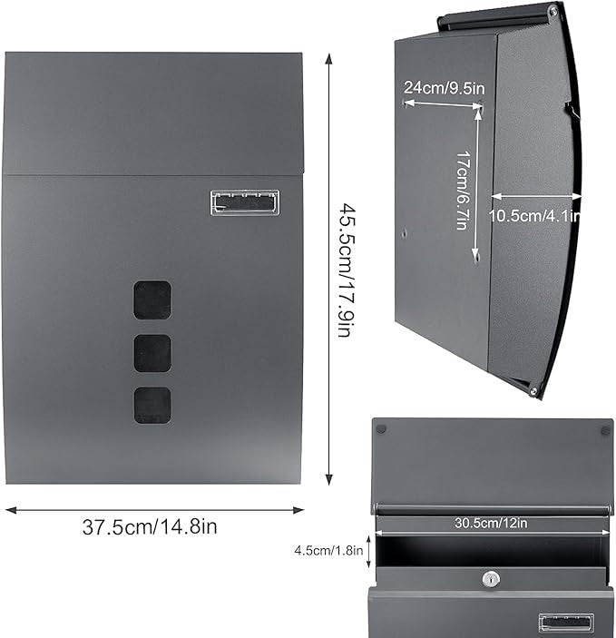 Wall-Mounted Lockable Mailbox Grey | Waterproof Steel Post Box | Large Secure