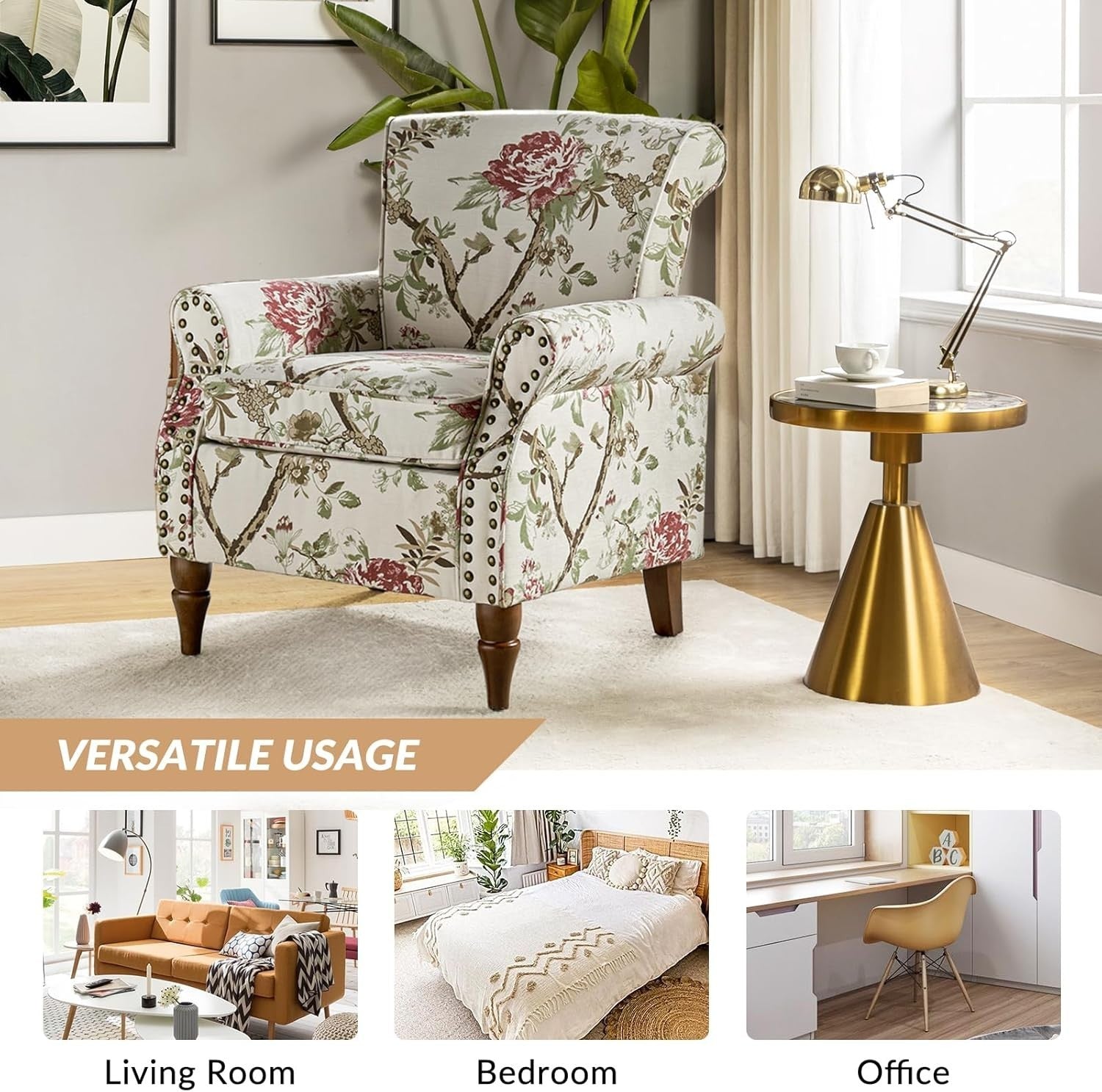 Floral Wingback Accent Chair Comfy Armchair Tufted Back Wood Legs