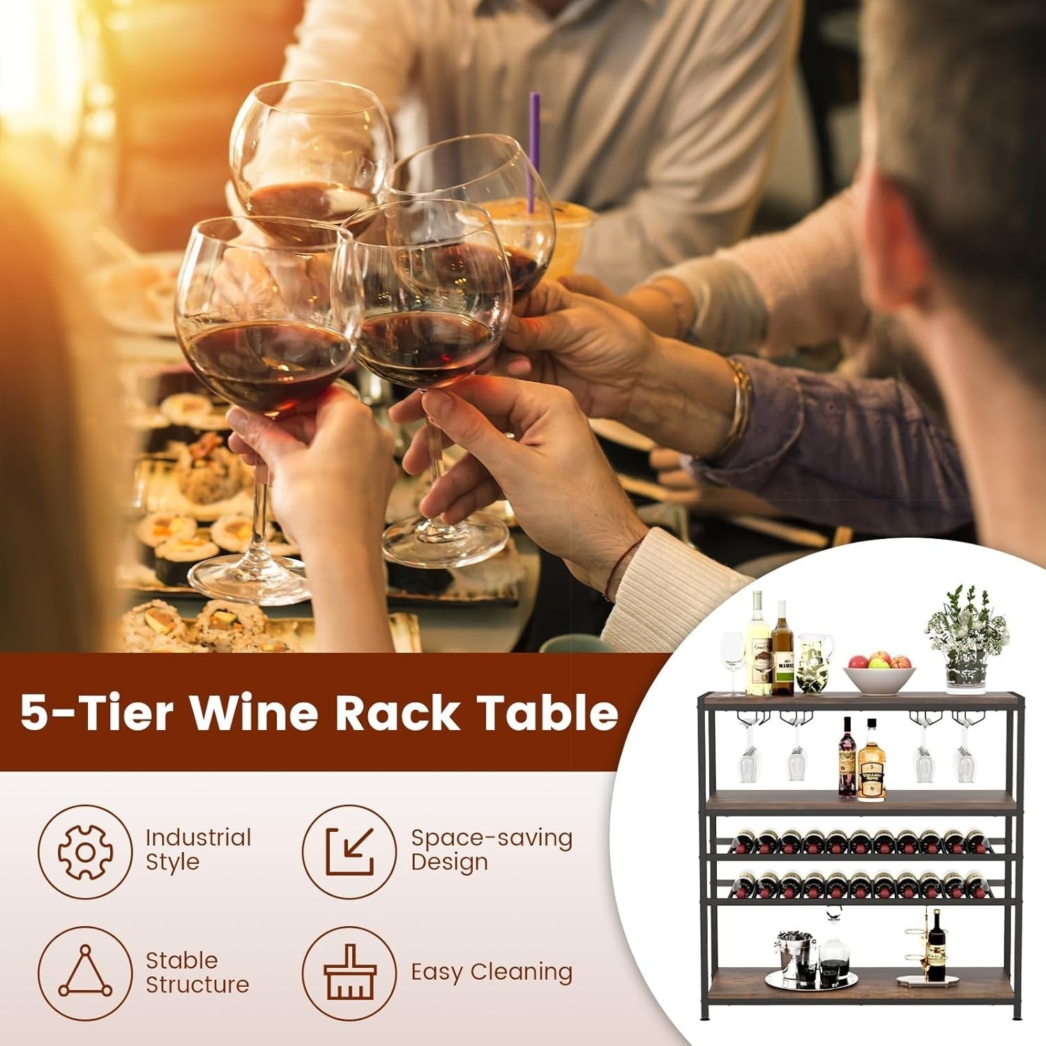 5-Tier Wine Rack Table with Glass Holder, Rustic Bar Shelf Storage Unit