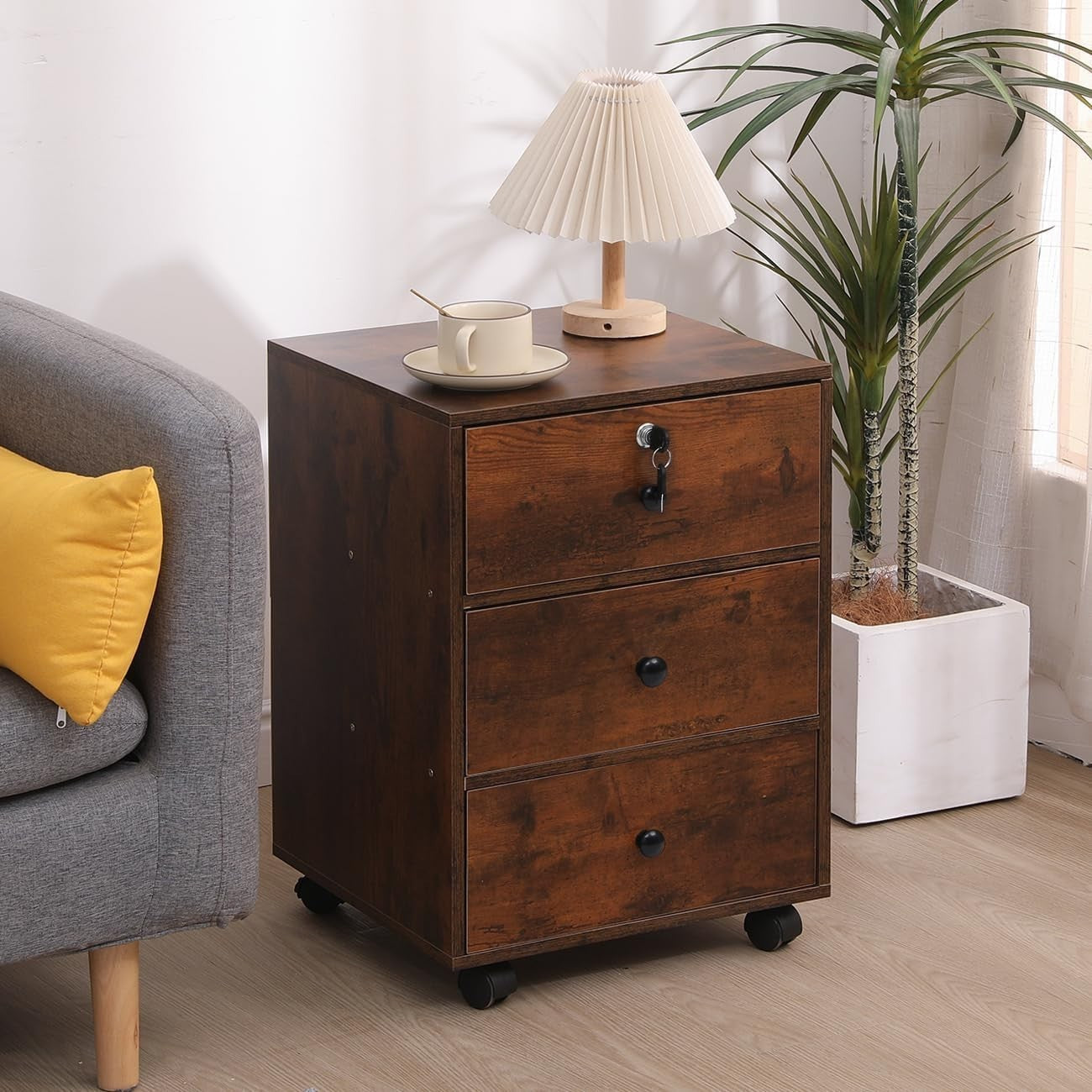 Rustic Brown Rolling 3 Drawer File Cabinet Top Lock Under Desk Storage