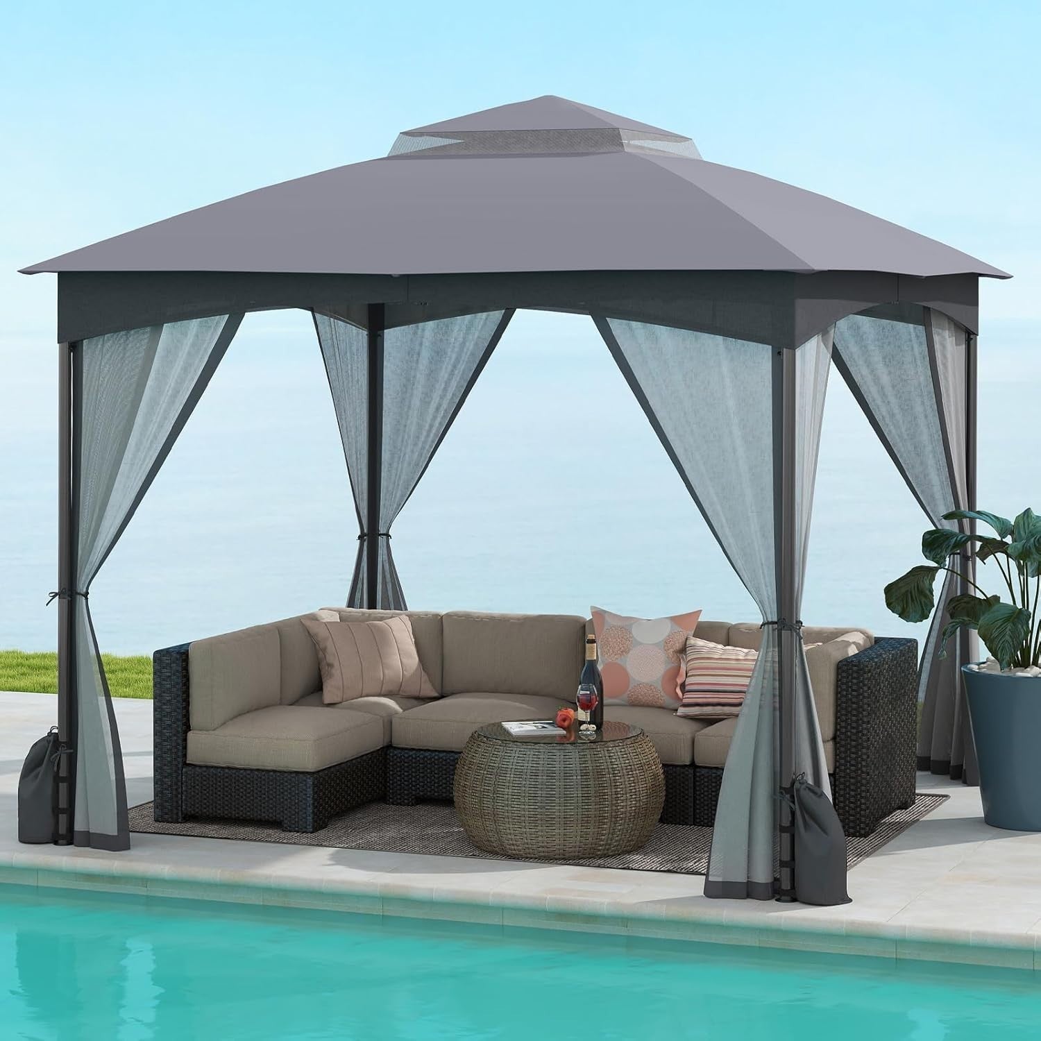 3x3M Garden Gazebo Double Roof Patio Tent With Netting & Sandbags Grey