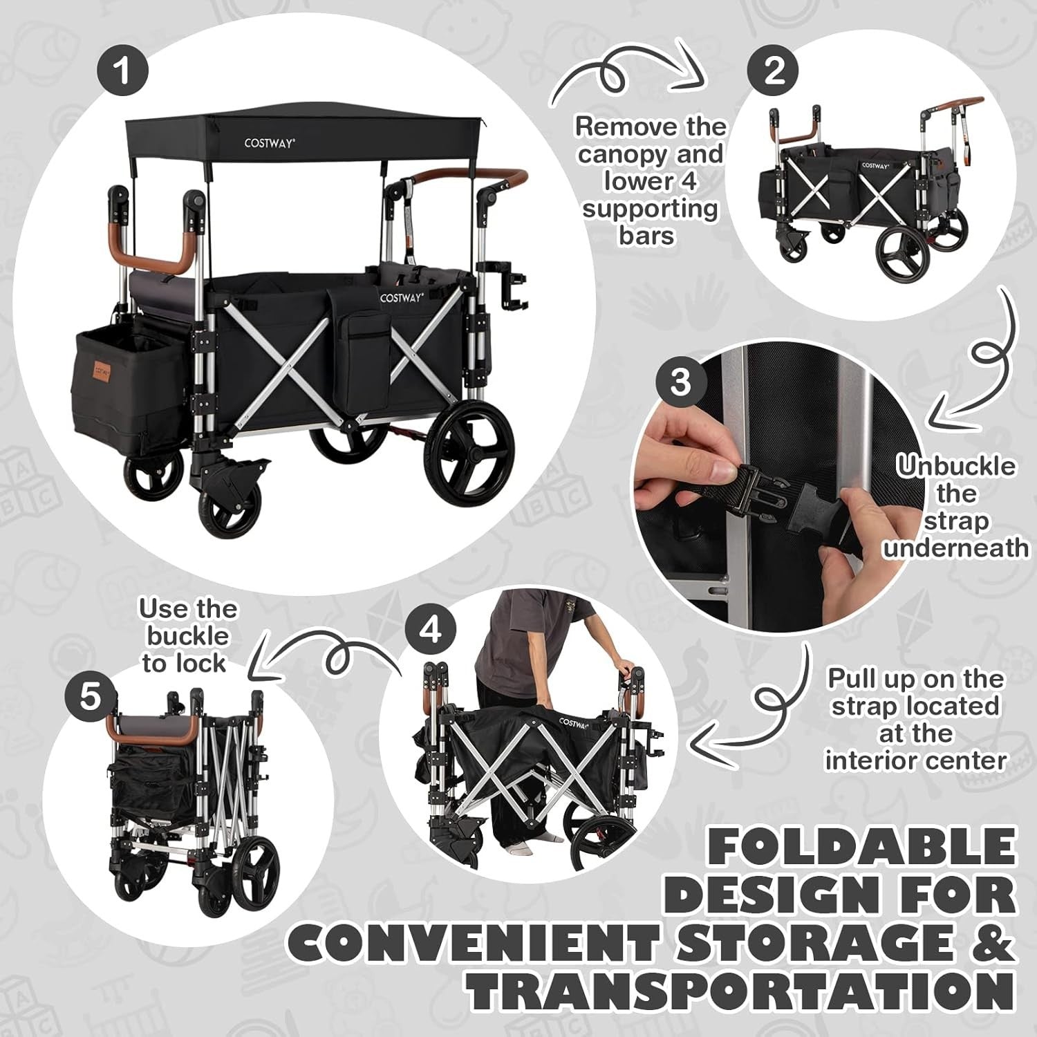Black Push Pull Stroller Wagon 2-Seater Folding Cart w/ Canopy 5-Point Harness
