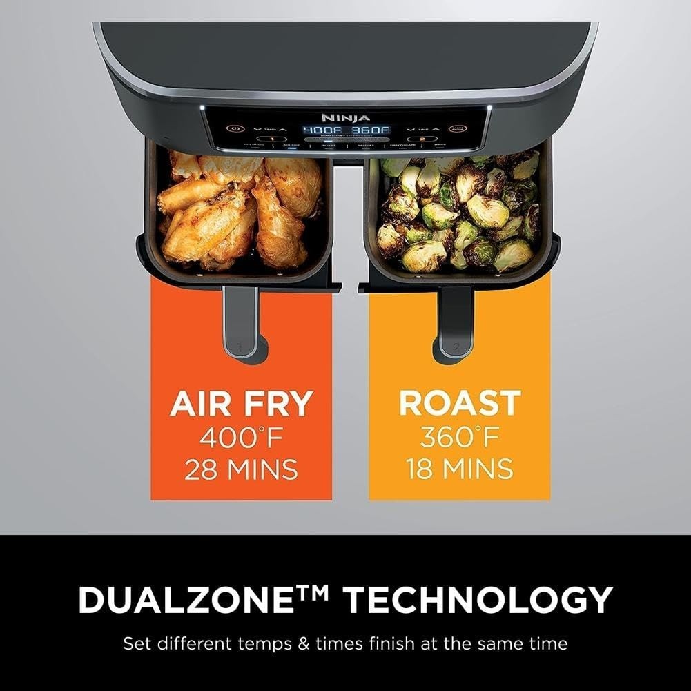 8-Qt Dual Basket Air Fryer | 6-in-1 Smart Finish Cooker | Family Size XL Crisp