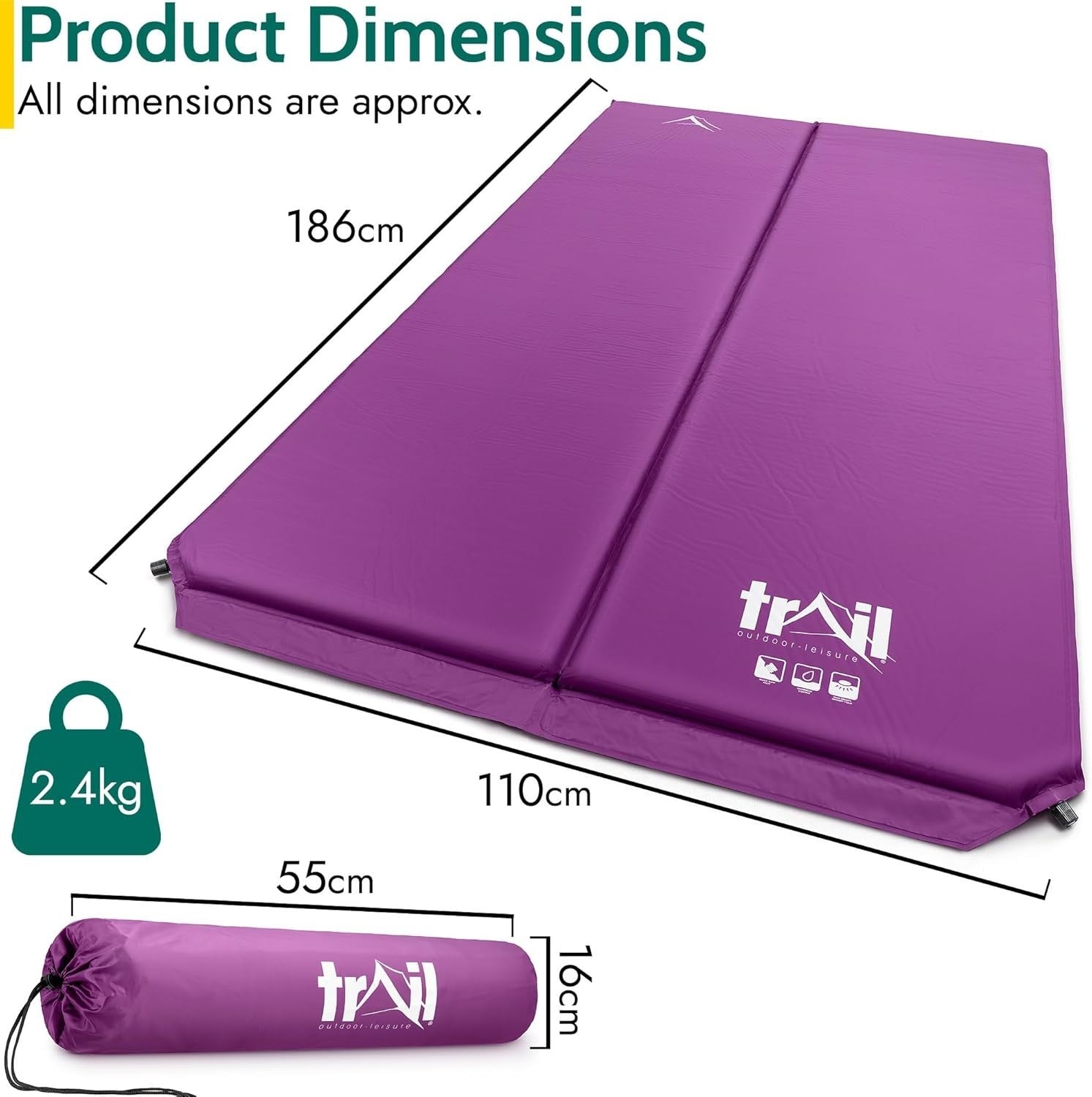 Self-Inflating Double Camping Mat Portable Inflatable Mattress Purple