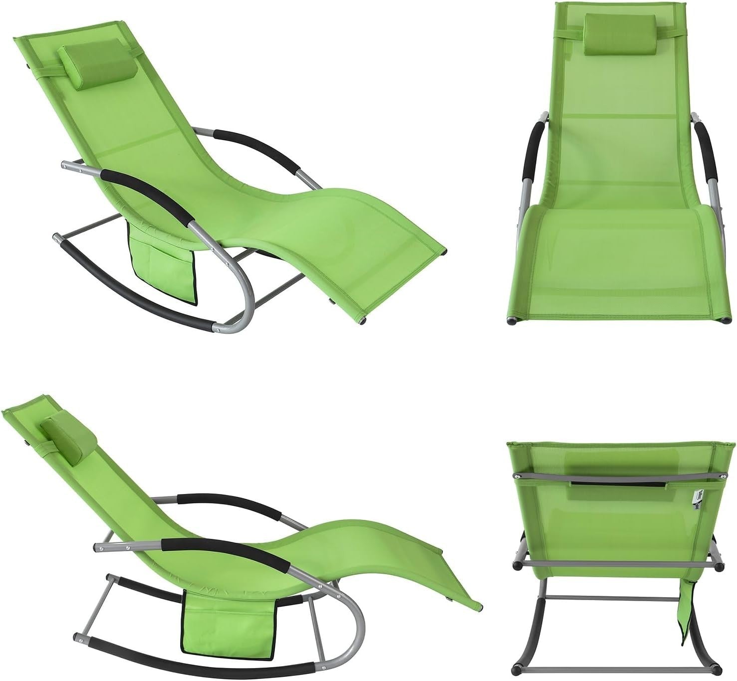 Ergonomic Outdoor Rocking Sun Lounger Chair with Cushion & Side Pocket Green