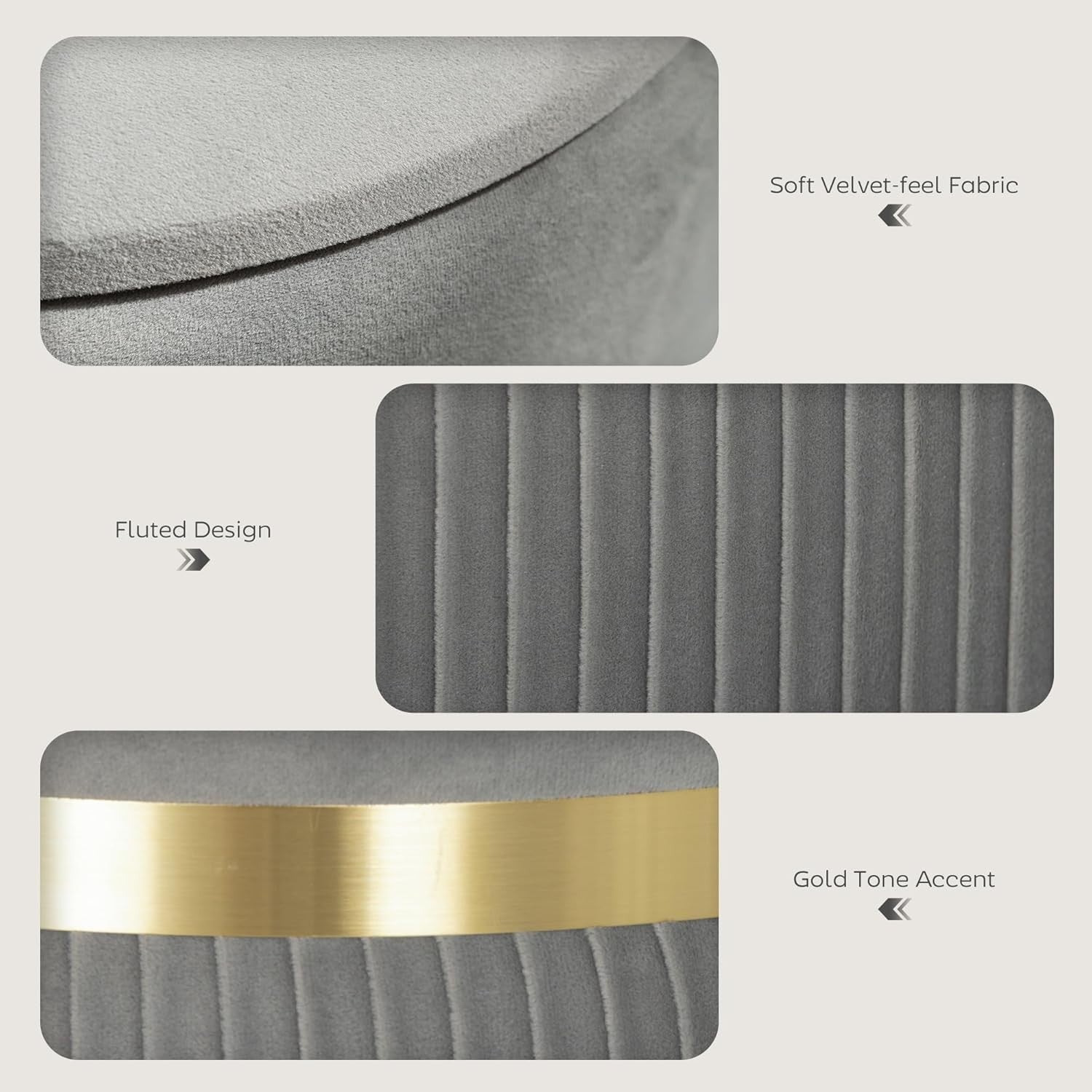 Light Grey Round Storage Stool Velvet Ottoman Padded Seat Vanity Footrest