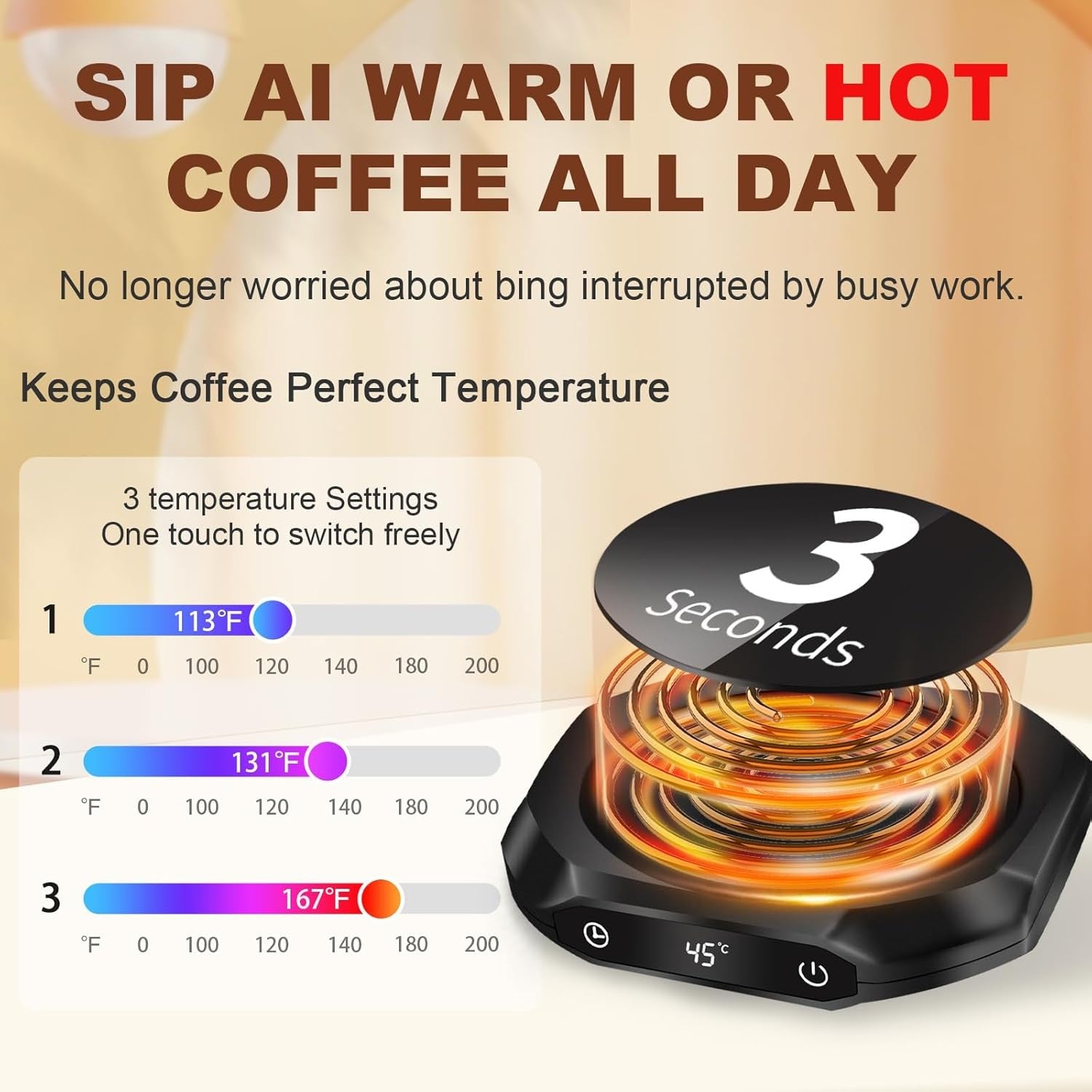 Coffee Mug Warmer 3 Temp 12H Auto Off Desk Cup Heater