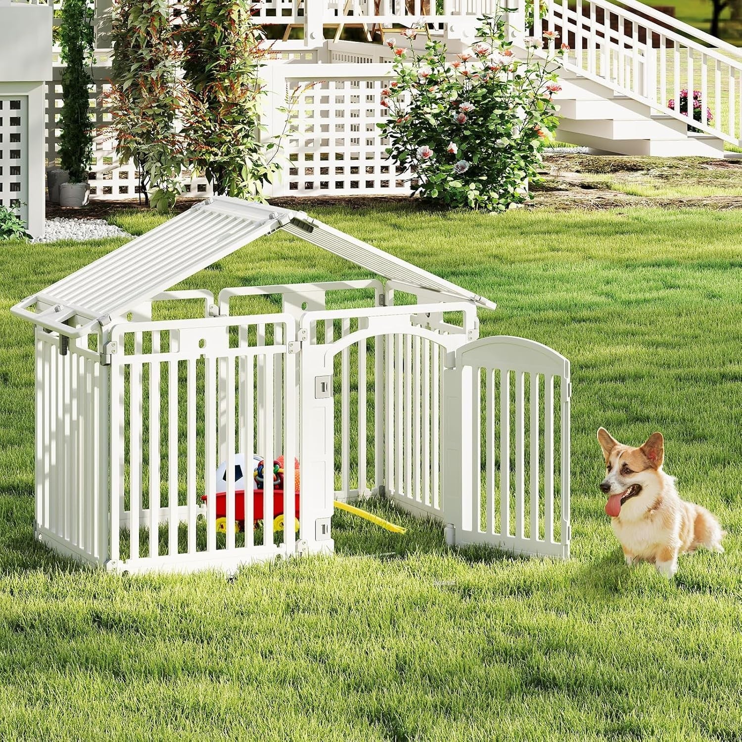 Foldable Plastic Dog Playpen with Lockable Gate Indoor Outdoor Pet Fence