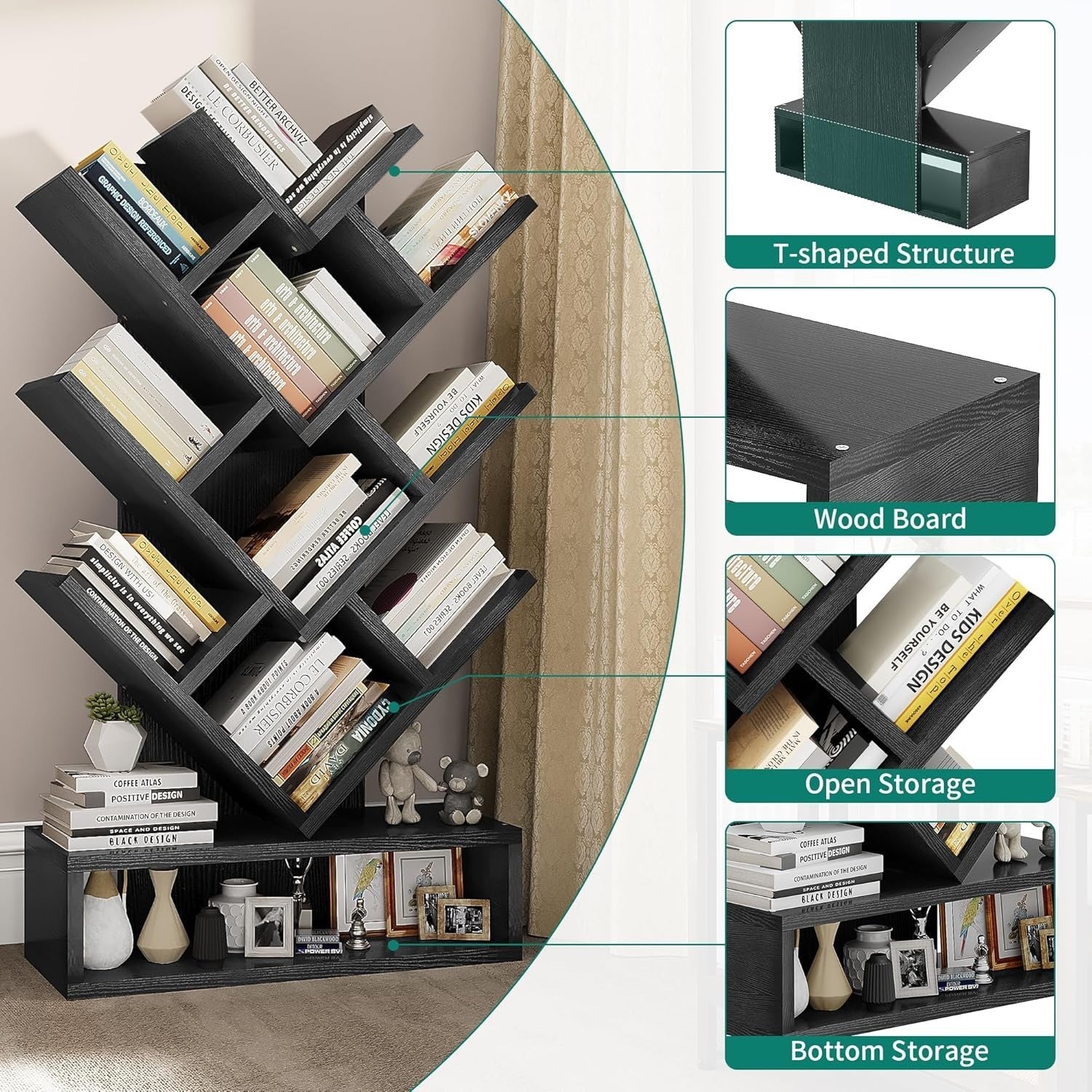 Tree Bookshelf with Drawer 5 Tier Black Wooden Bookcase Storage Rack