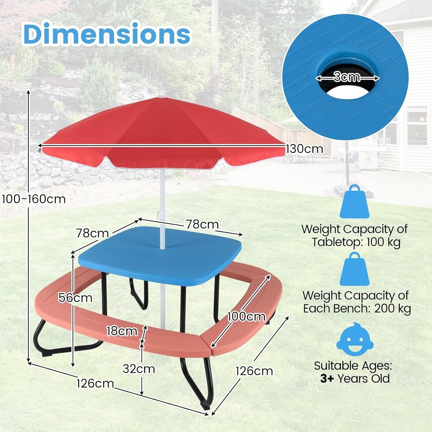 Kids Picnic Table Set with 8 Seats, Adjustable Umbrella, Outdoor Garden Play Tab