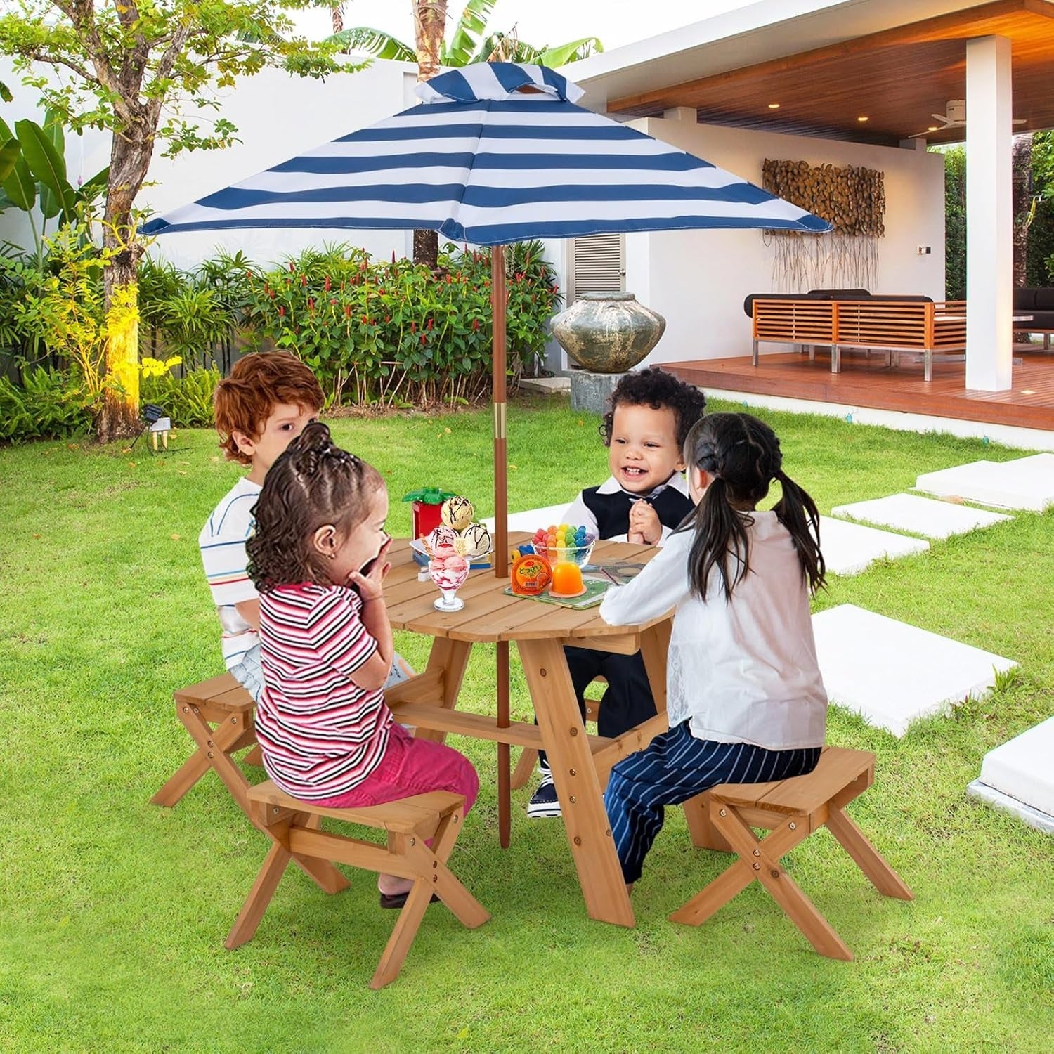 Wooden Kids Picnic Table Set with 4 Stools & Adjustable Umbrella Outdoor
