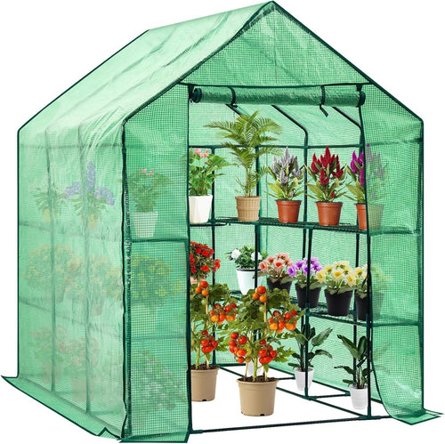 Walk-In Garden Greenhouse 8 Shelves Heavy Duty Steel Frame PE Cover 216cm