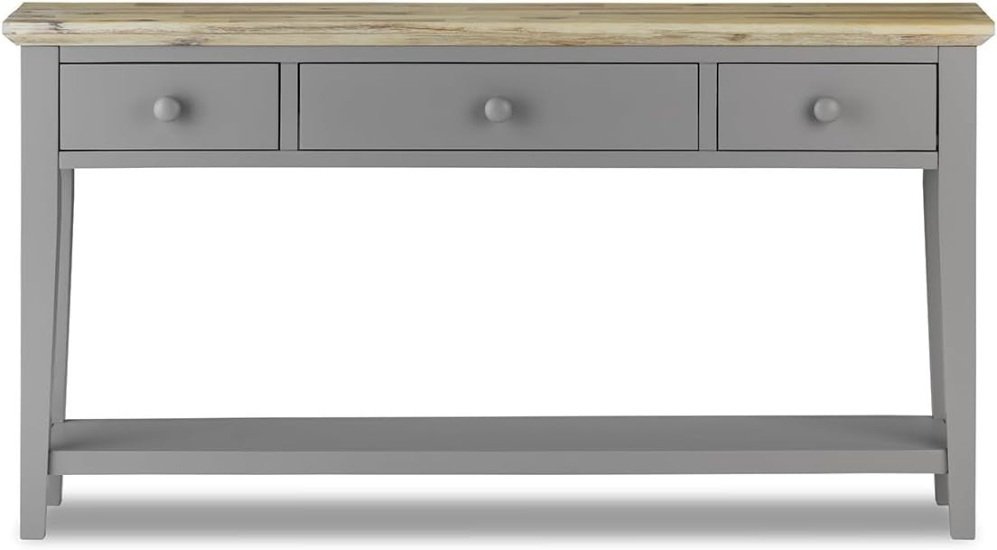 Grey Console Table with Storage Drawers & Shelf, Acacia Top, 143cm