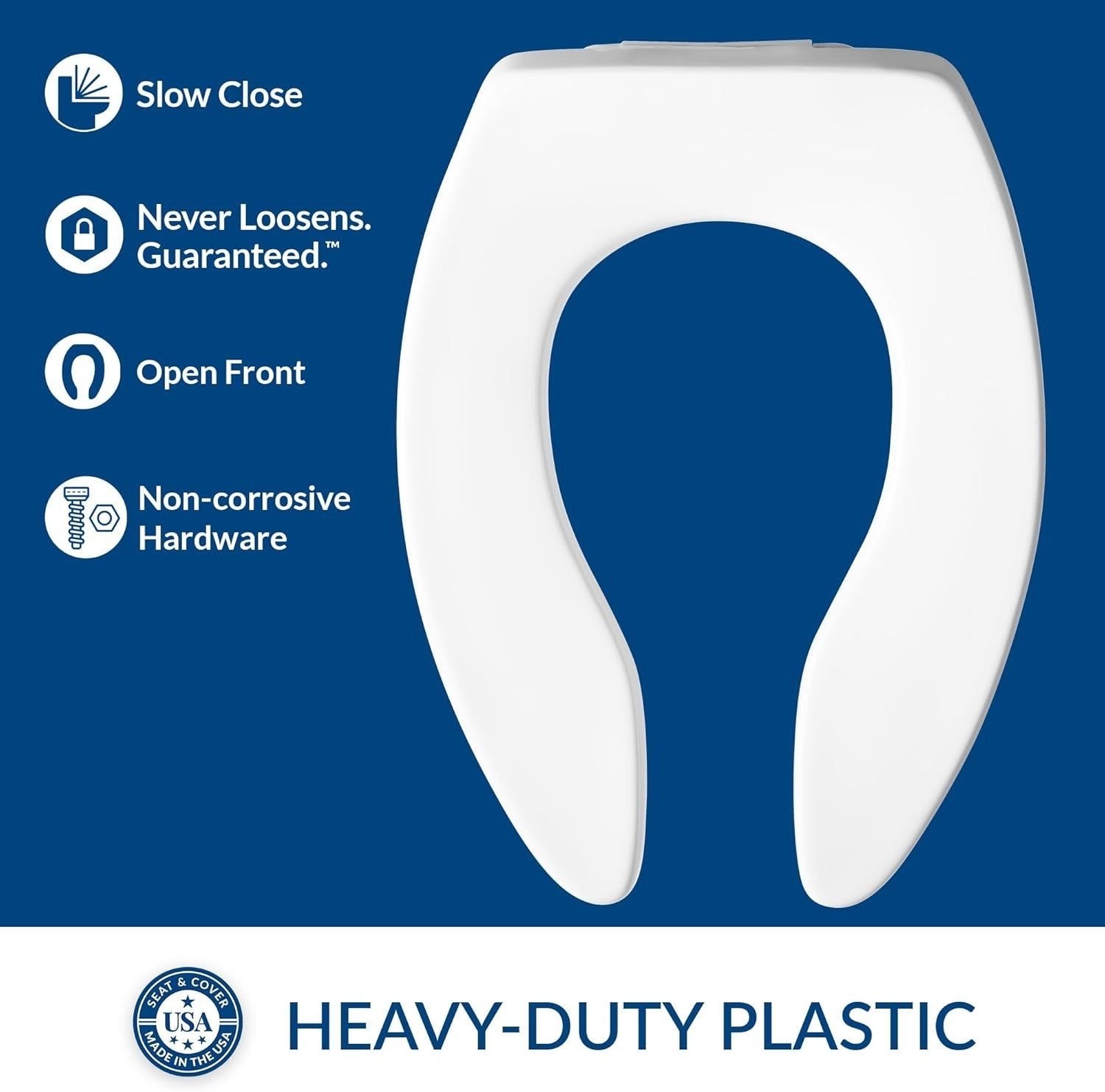 Commercial Elongated Toilet Seat White Open Front Self-Sustaining