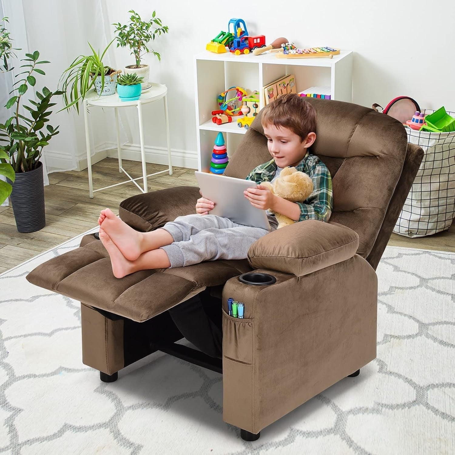 Adjustable Kids Recliner Chair Brown w/ Footrest, Velvet, Cup Holders & Storage