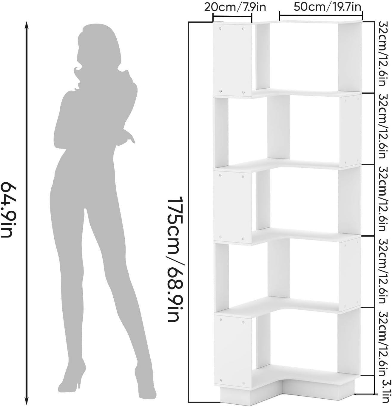 5-Tier Corner Bookshelf White Freestanding Slim Storage Display Unit 175cm