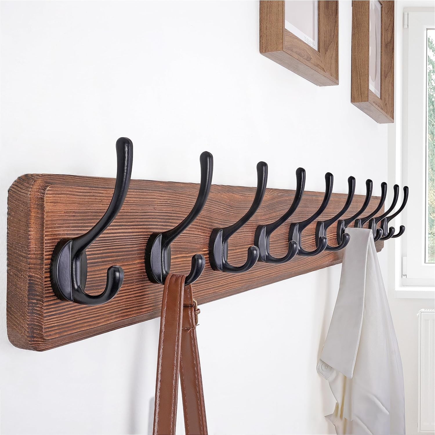 Rustic Solid Wood Wall Mounted Coat Rack with 10 Hooks | Farmhouse Style
