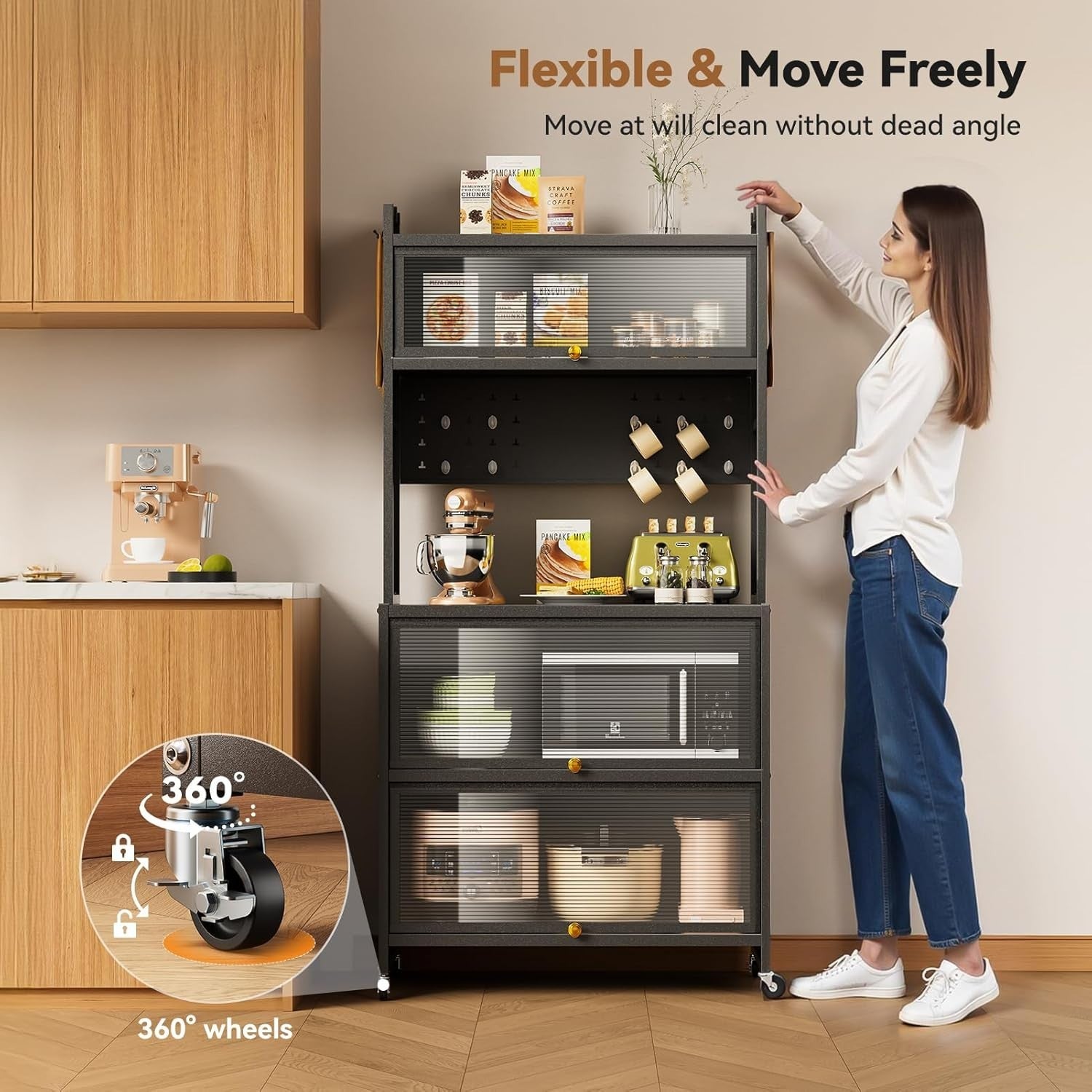 5-Tier Kitchen Storage Cabinet with Flip Door & Wheels Grey | 80x40x162cm