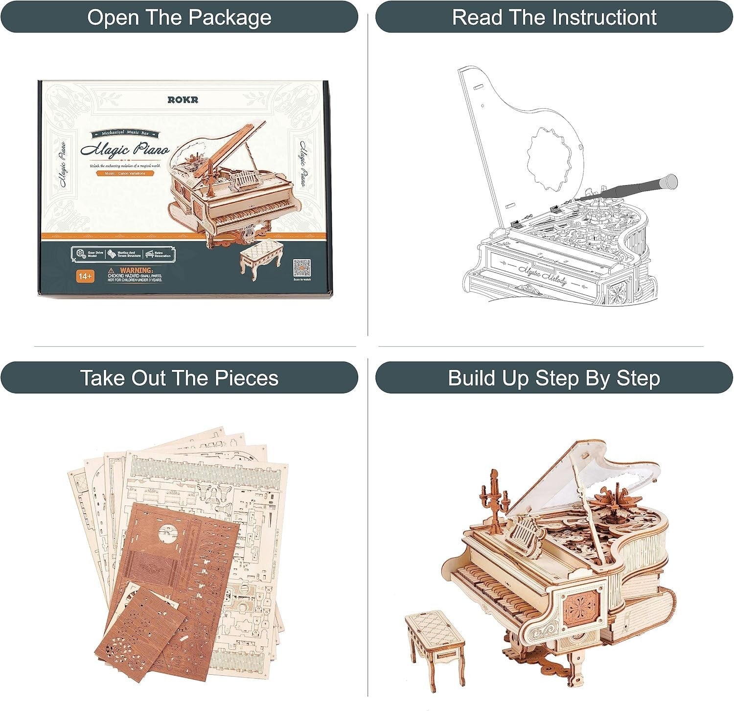 3D Wooden Self-Playing Piano Puzzle Kit Music Box Gift Adults Teens DIY