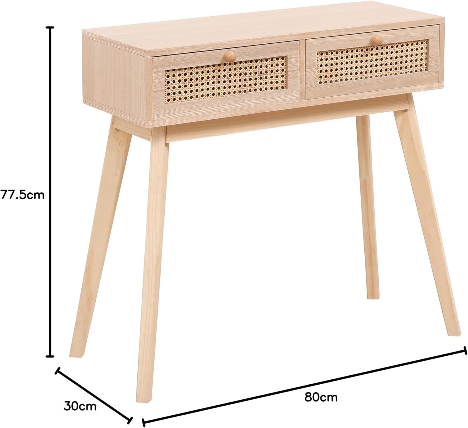 Modern Console Table with 2 Drawers, Rattan Storage, Pine Legs, Natural Wood Ton