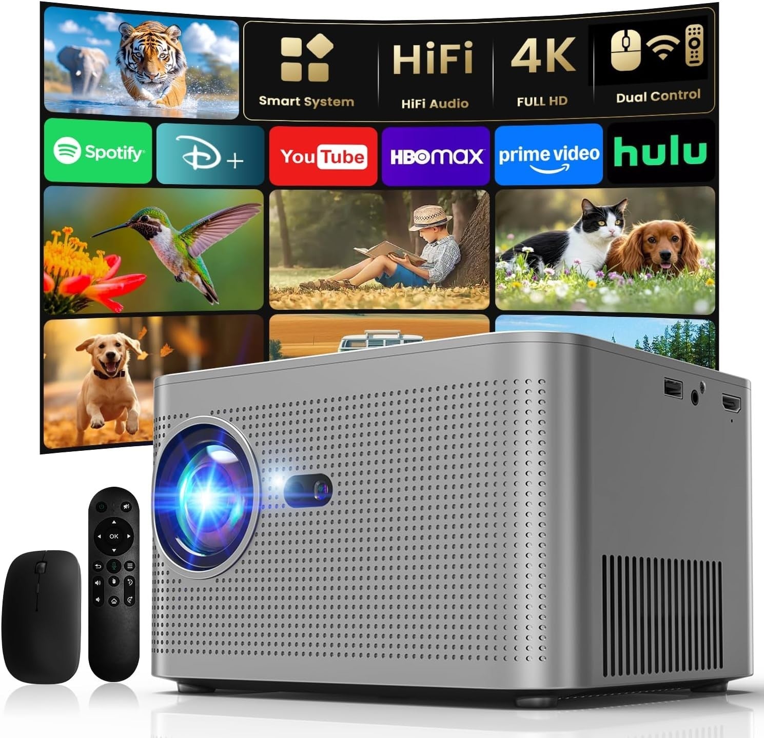 1080P Smart Projector 4K WiFi 6 Bluetooth 180° Auto Keystone Apps