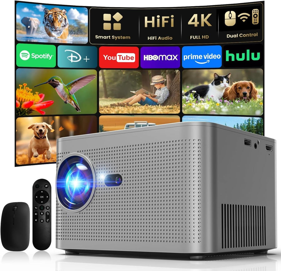 1080P Smart Projector 4K WiFi 6 Bluetooth 180° Auto Keystone Apps