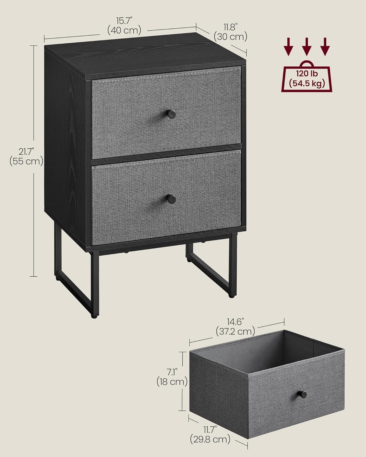 Modern Bedside Table with Fabric Drawers, 2-Tier Storage Cabinet in Black & Grey