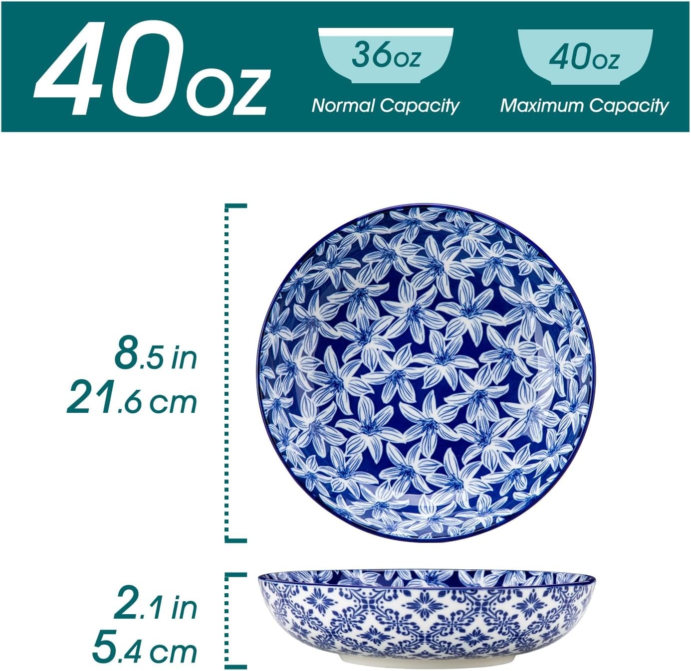 Set of 6 Large Pasta Bowls Blue White 40oz Porcelain Salad Serving