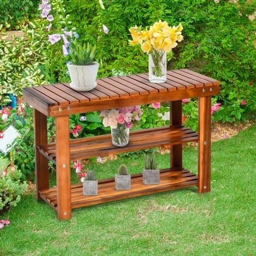 3-Tier Acacia Wood Shoe Rack Bench Wide Storage Seat for Hallway Entryway