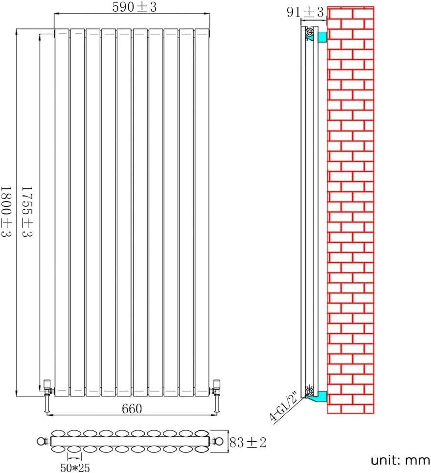 1800x590mm White Vertical Double Panel Oval Column Radiator