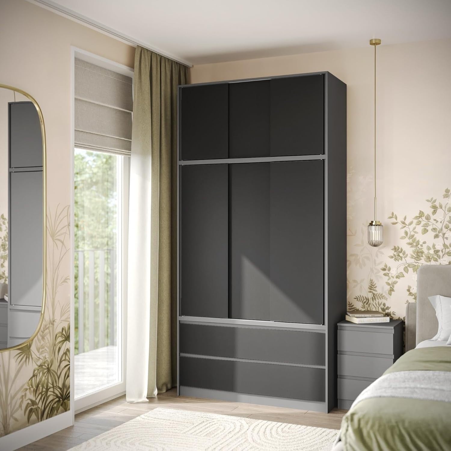 Grey Sliding Door Wardrobe 6 Doors 4 Drawers 240cm Modern Bedroom Closet