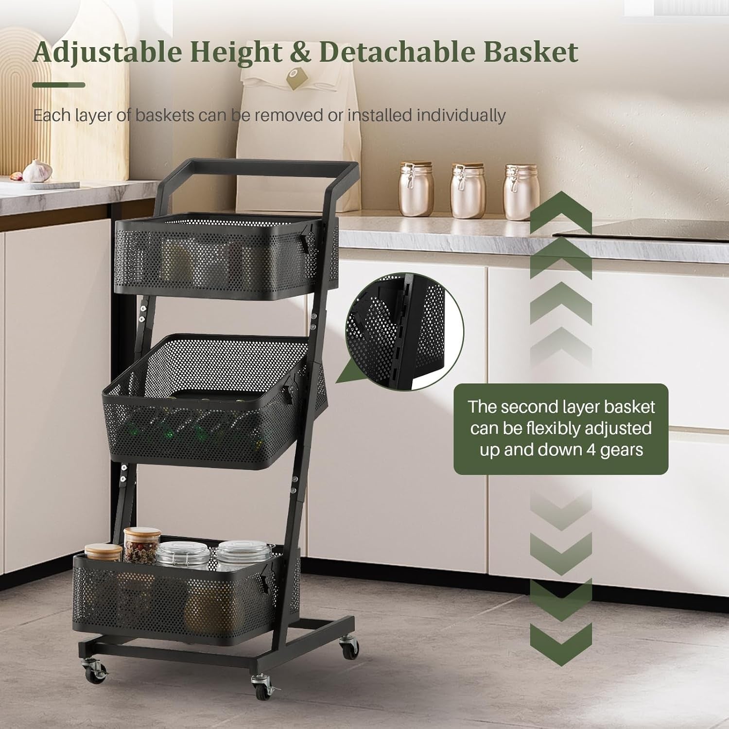 3 Tier Rolling Storage Trolley Metal Basket Organizer with Wheels Black