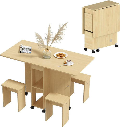 Folding Drop Leaf Dining Table with 4 Stools Space Saving Wheeled Design