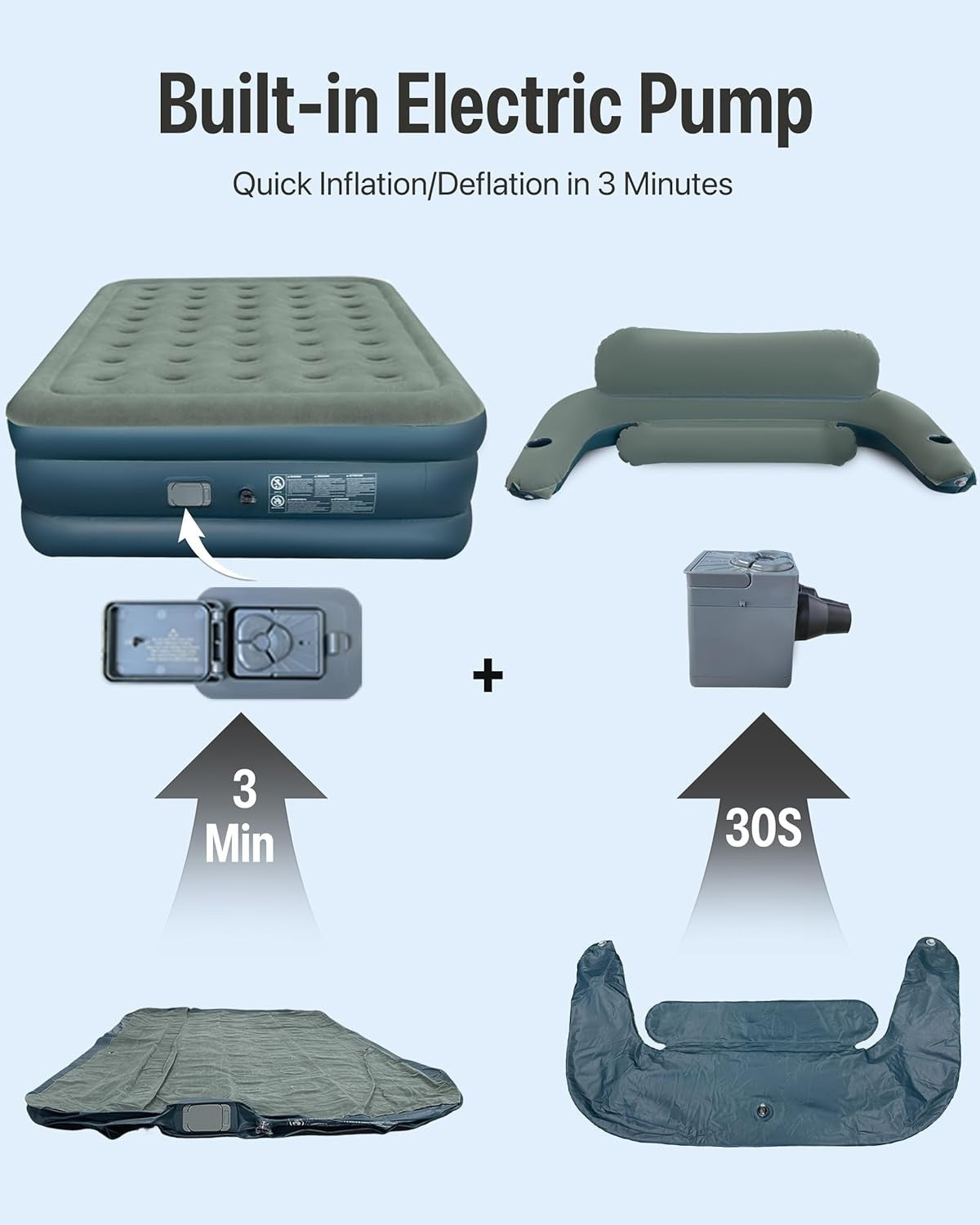 Queen Air Mattress Inflatable 19" Elevated Bed Built-in Pump & Headboard